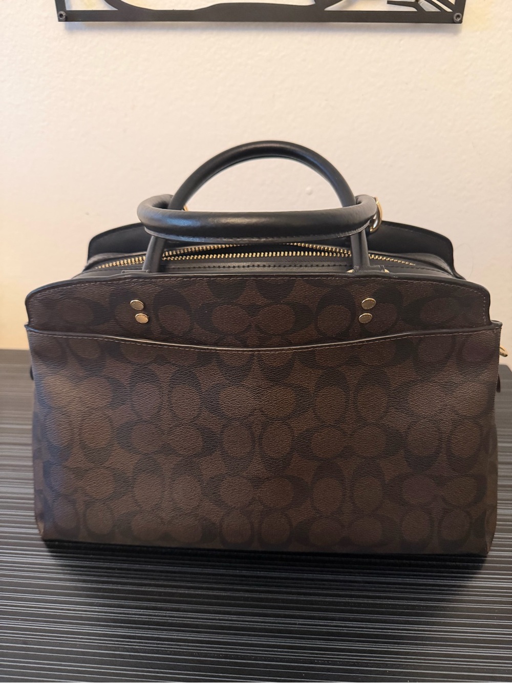 Coach Lillie Carryall Signature Canvas Brown Black Satchel Handbag 91495 - Picture 3 of 11